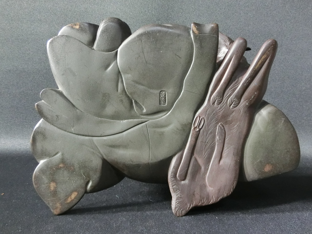 近】明治期 金工師 徳光造 本珊瑚如意持古銅製鹿仙人像 22cm4722g