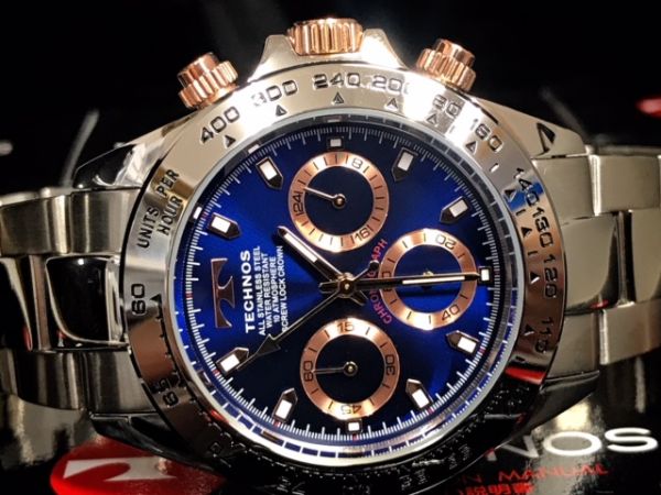新品TECHNOS テクノス 正規品クロノグラフ腕時計ブルー×ピンクゴールド 