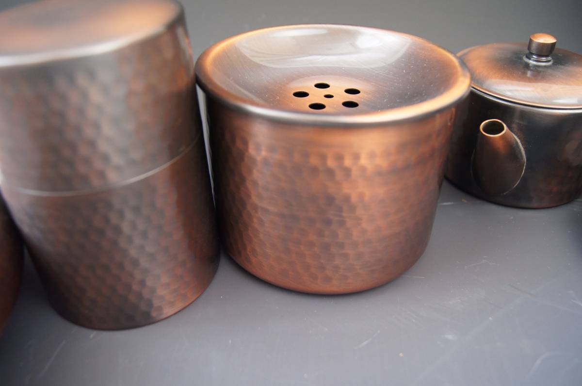 茶筒 急須 建水 茶托 純銅製 茶器 茶道具 木箱入り 来客用 鎚起銅製