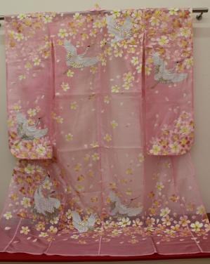 ☆中古☆希少☆オーガンジー打掛☆L-321-1☆ピンク系☆シワと箔加工の 