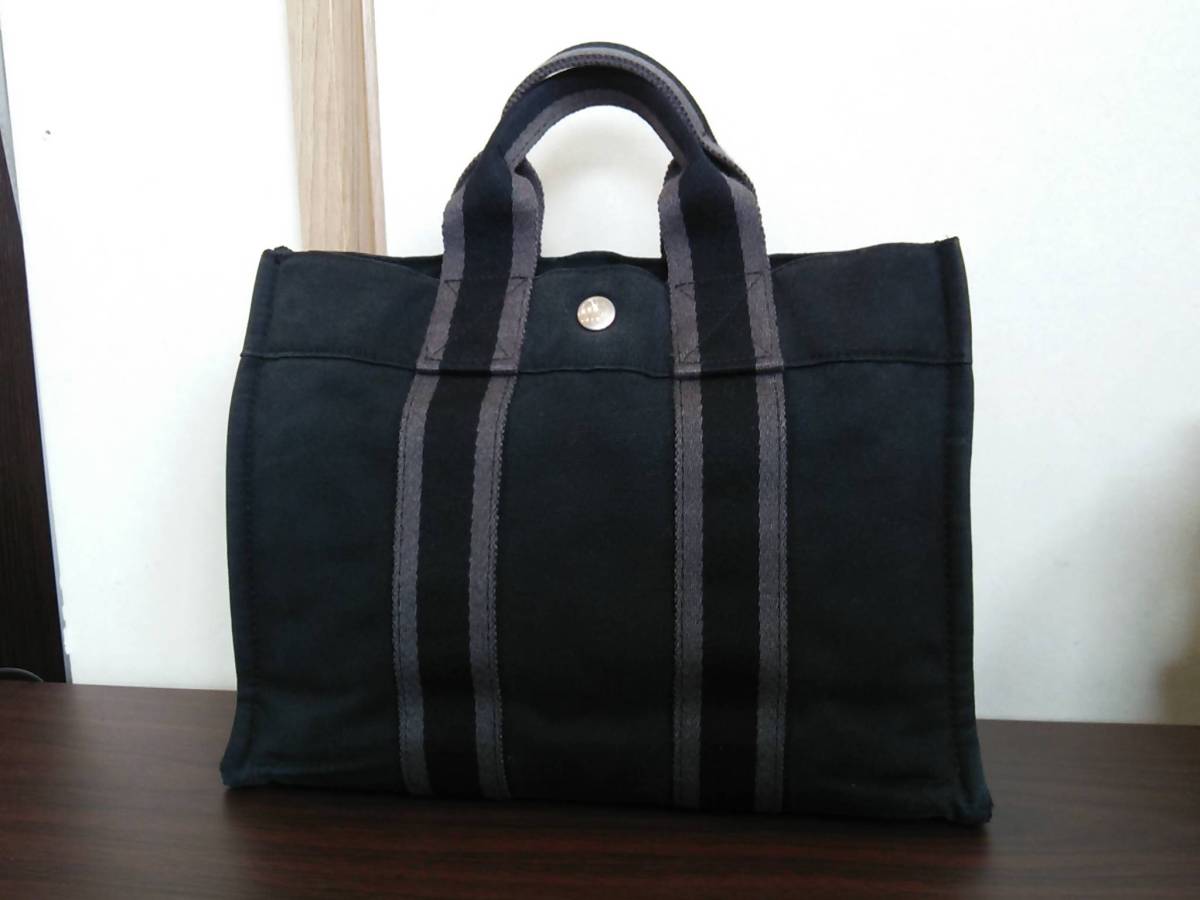 即決 美品 HERMES エルメス フールトゥPM トートトートバッグ ハンドバッグ フールトゥ 黒 ブラック グレー メンズ レディース 男女兼用
