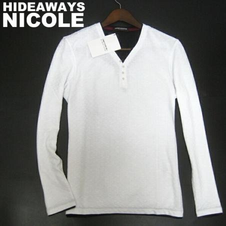 新品▼ニコル　レイヤード風　Vネック　長袖カットソー　ロンT　重ね着　46 M　白　チェッカー柄　市松　HIDEAWAYS NICOLE　ヘンリーネック