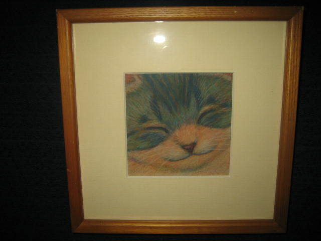 稀少☆與倉豪 ねこ 猫 細密 パステル画 直筆 サイン 木製額入り The