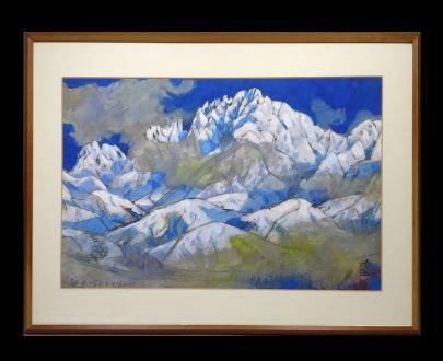 ○水彩画 日本画家・日展作家 斎藤清策筆 剱岳 額装 昭和46年直筆 富山