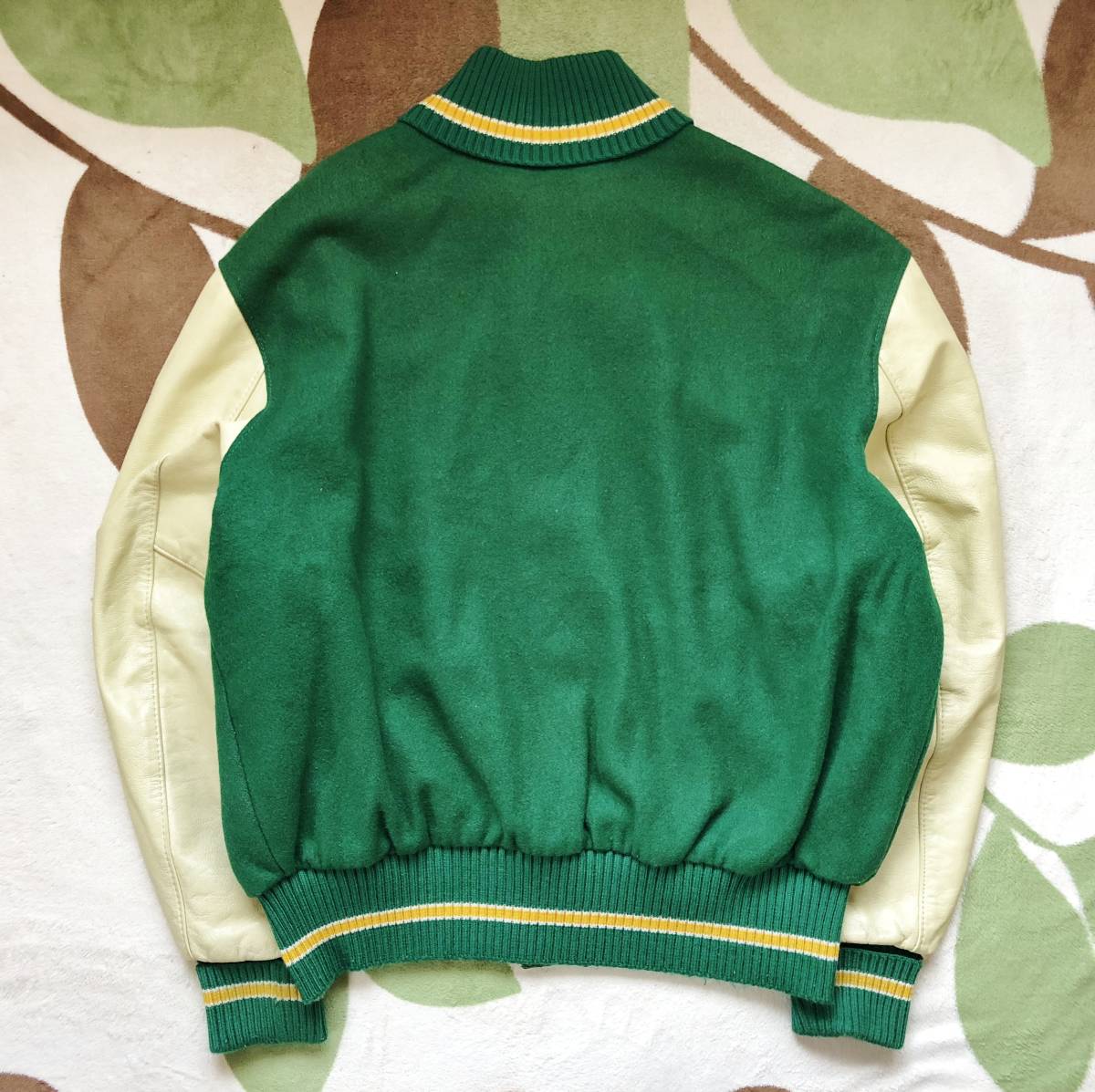 80s USA製 DeLONG 無地 袖革スタジャン 緑X生成り size46 ビンテージ