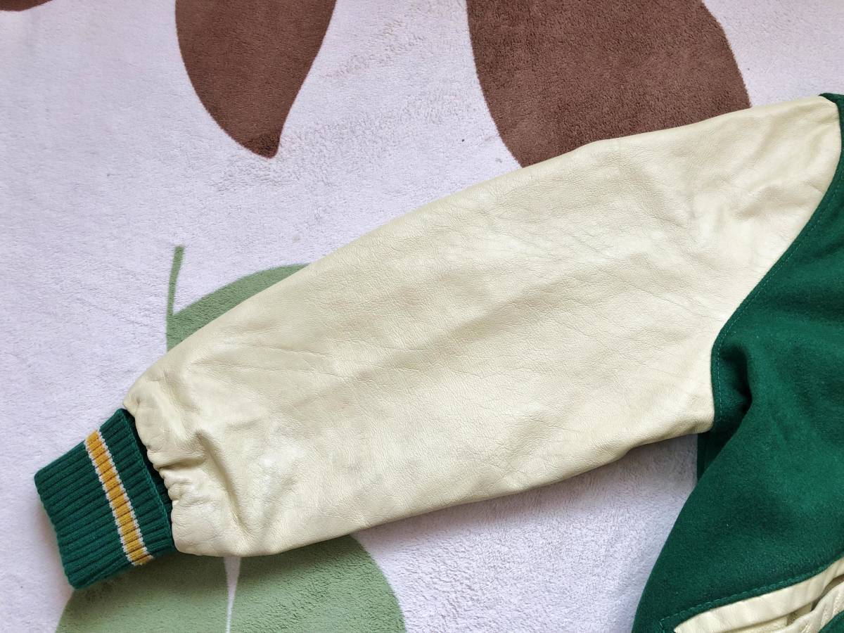 80s USA製 DeLONG 無地 袖革スタジャン 緑X生成り size46 ビンテージ 