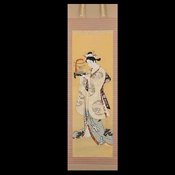 177【真筆】小早川清 初音 共箱 美人図 掛軸／浮世絵師 日本画家 版