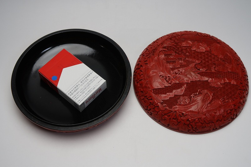 集】051006 堆朱細工蓋物 菓子器 山水楼閣風景彫刻 中国美術漆工芸 染