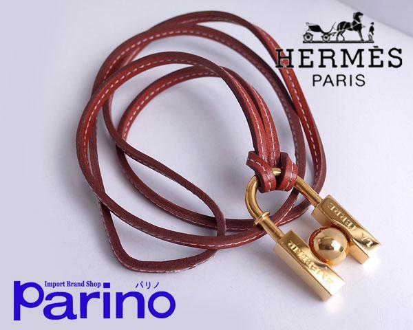 決算特価♪美品【エルメス★HERMES】2001年限定 地球モチーフ テラ カデナ 南京錠 ゴールド×赤茶 レザー付き ペンダント 男女可