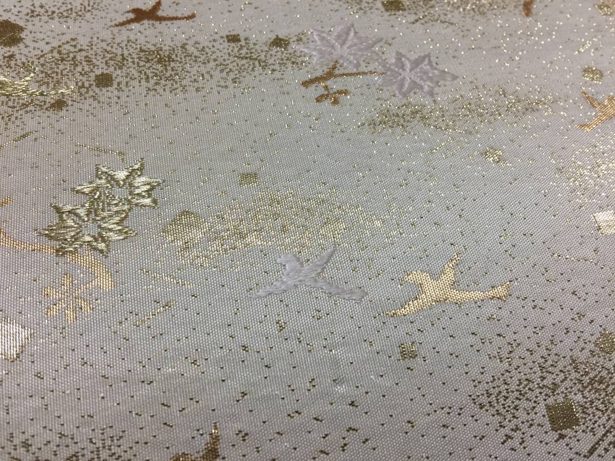 袋帯 唐織 六通 落款あり 河合美術織物 茶色 金糸 松葉 桜楓と梅