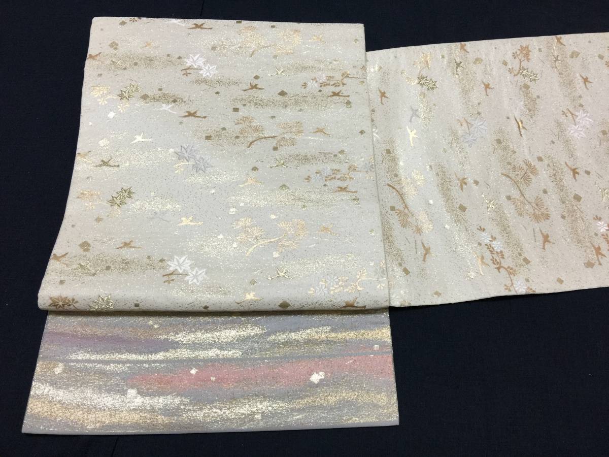 袋帯 唐織 六通 落款あり 河合美術織物 茶色 金糸 松葉 桜楓と梅
