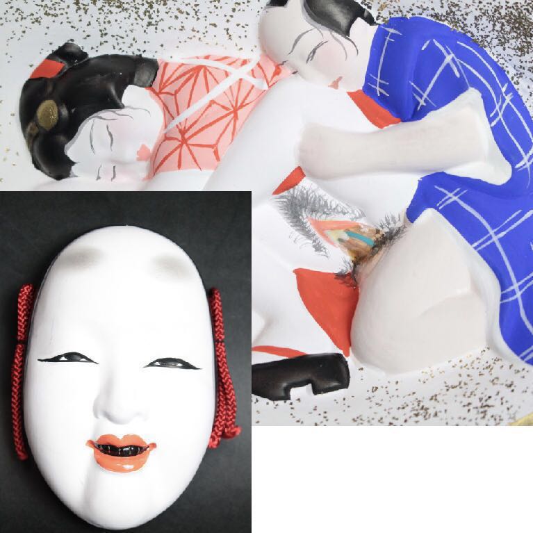 春画　小面　能面　浮世絵　神楽面　博多人形　絵10 博多人形 春画 能面 神楽面 彩色陶器 桐箱 検/浮世絵 枕絵 艶物 艶本