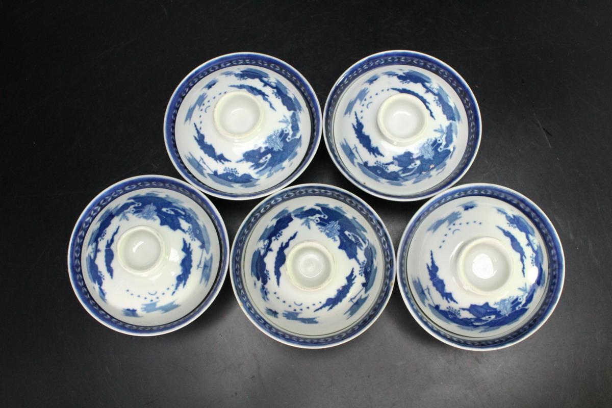 中国美術 倣古 青花 山水人物紋 蓋碗 祥瑞 五件 φ10.5cm 旧家蔵出 【金閣】