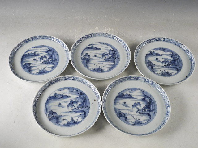 ◇栄◇藍古九谷 窓絵 山水 皿 5客 渦福 古陶磁 無傷完品 江戸期 16kw9
