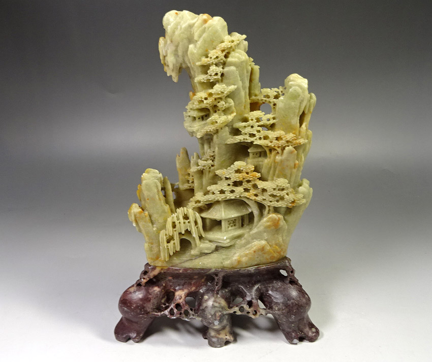 超美品 中国美術古玩 寿山石彫 鑑賞石 細密彫刻 楼閣山水 彫刻置物オブジェ 寿山石 楼閣山水細密彫刻 置物 重量7.7kg 古美術品 唐物 古玩 中国美術