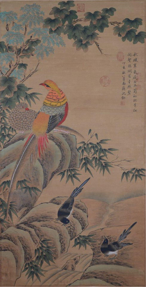 瀋南蘋 沈銓「花鳥図掛け軸精品」絹本 中国清代書画家 唐