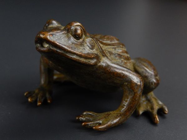 置物 細密細工 銅製 蛙 古美術 一対 時代物 盆景道具 岡黒 極上 初だし
