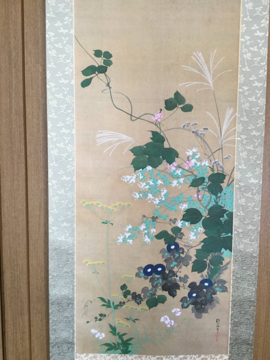 酒井抱一 筆 》 七草図 絹本掛軸 工藝品 《桐箱 タトウ 美品 》 軸先