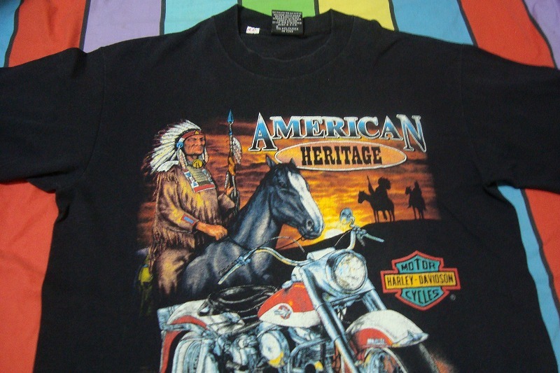  1991年製 ハーレー アメリカンバイク インディアン プリントTシャツ ビンテージ オールド ダヴィッドソン HARLEY3Dエンブレム(イラスト、キャラクター)｜売買されたオークション情報、yahooの商 Lサイズ