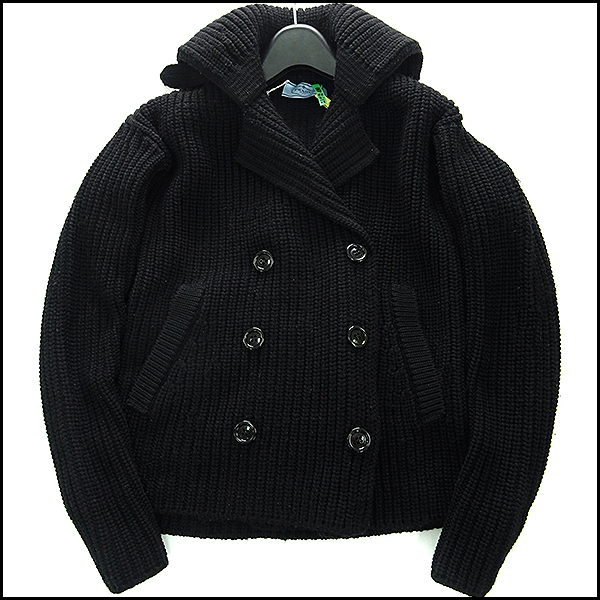 美品 13年! PRADA プラダ 畔編みバージンウールニットPコート36(XS)黒 