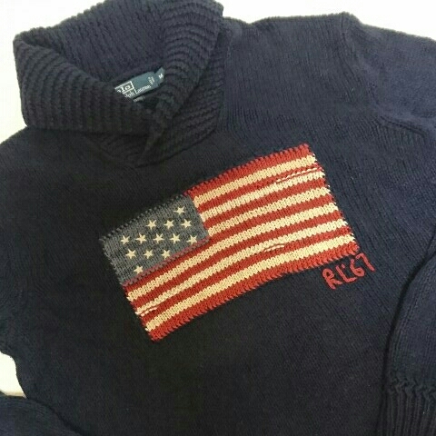 【送料無料】Polo by Ralph Lauren ラルフローレン 星条旗 ニット セーター ショールカラー ネイビー M