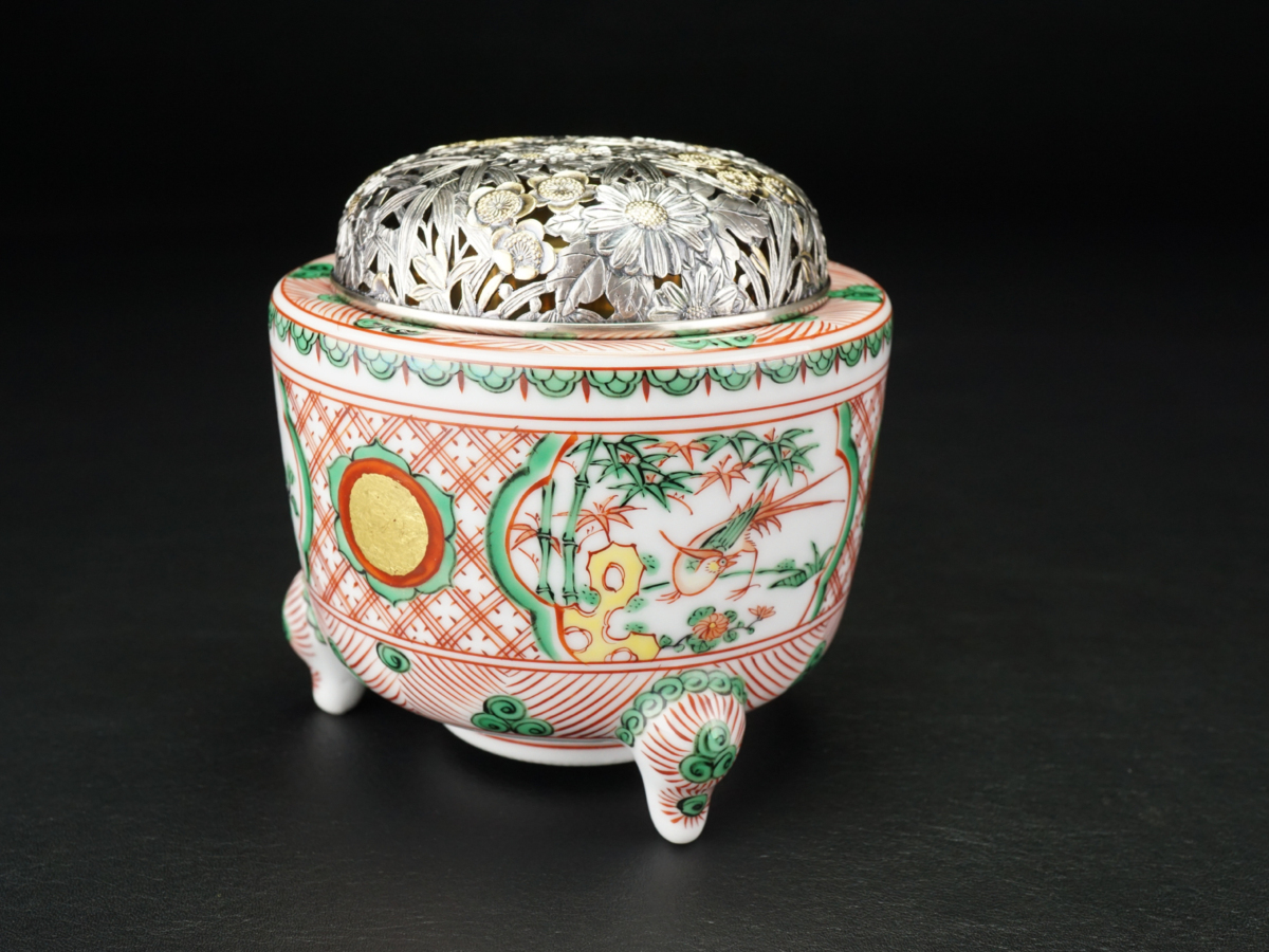 三浦竹泉 工芸品 四君子図 香炉 五代 二重箱 信幸造純銀火舎 付 赤絵