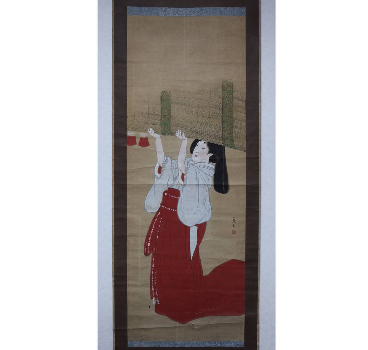 五】掛軸 肉筆 浮世絵 美人図 紙本 彩色 箱付 掛軸 肉筆 美人画 ] 道具