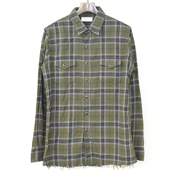 100%新品，送料無料 SAINT LAURENT PARIS サンローラン パリ 18AW カットオフチェックシャツ グリーン M(長袖シャツ)｜売買されたオークション情報、yahooの商品情報をアーカイブ公開 - オークファン 男性用