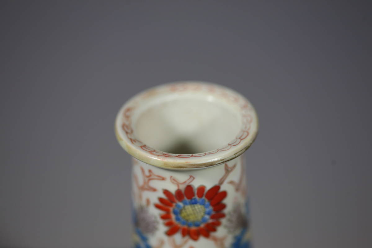 h3 古伊万里色絵金襴手肥蝶山窯菊花唐草鳳凰元禄美人図酒瓶（蓋付き