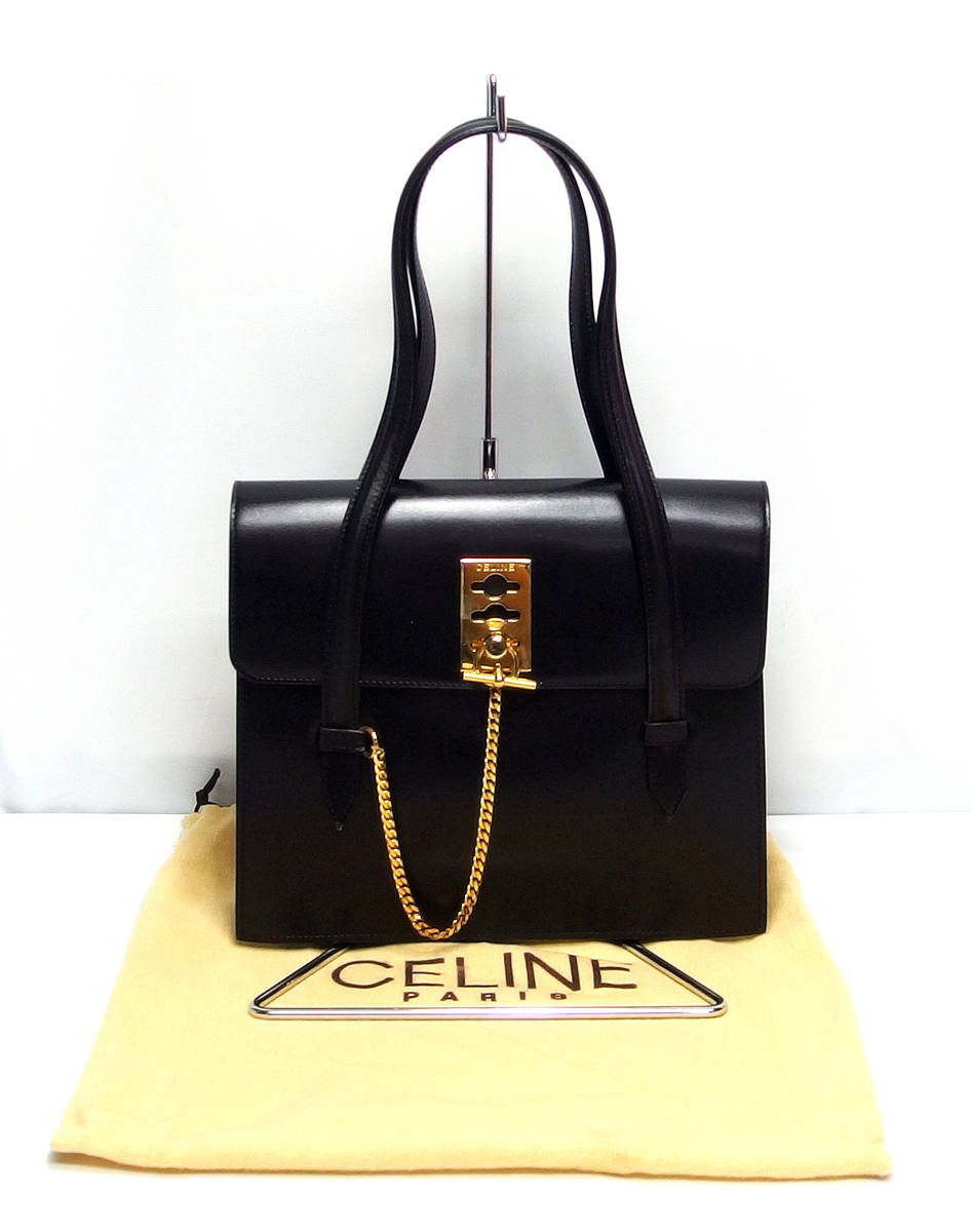 ●CELINE セリーヌ チェーンロック ハンドバッグ レザー ブラック 黒●