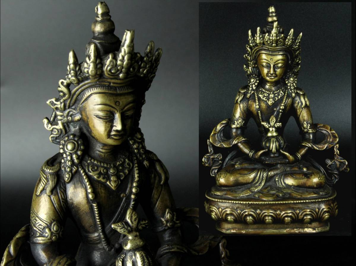 時代古玩 銅製鍍金 チベット仏 観音菩薩座像 繊細細工 中国唐物仏像 (n)