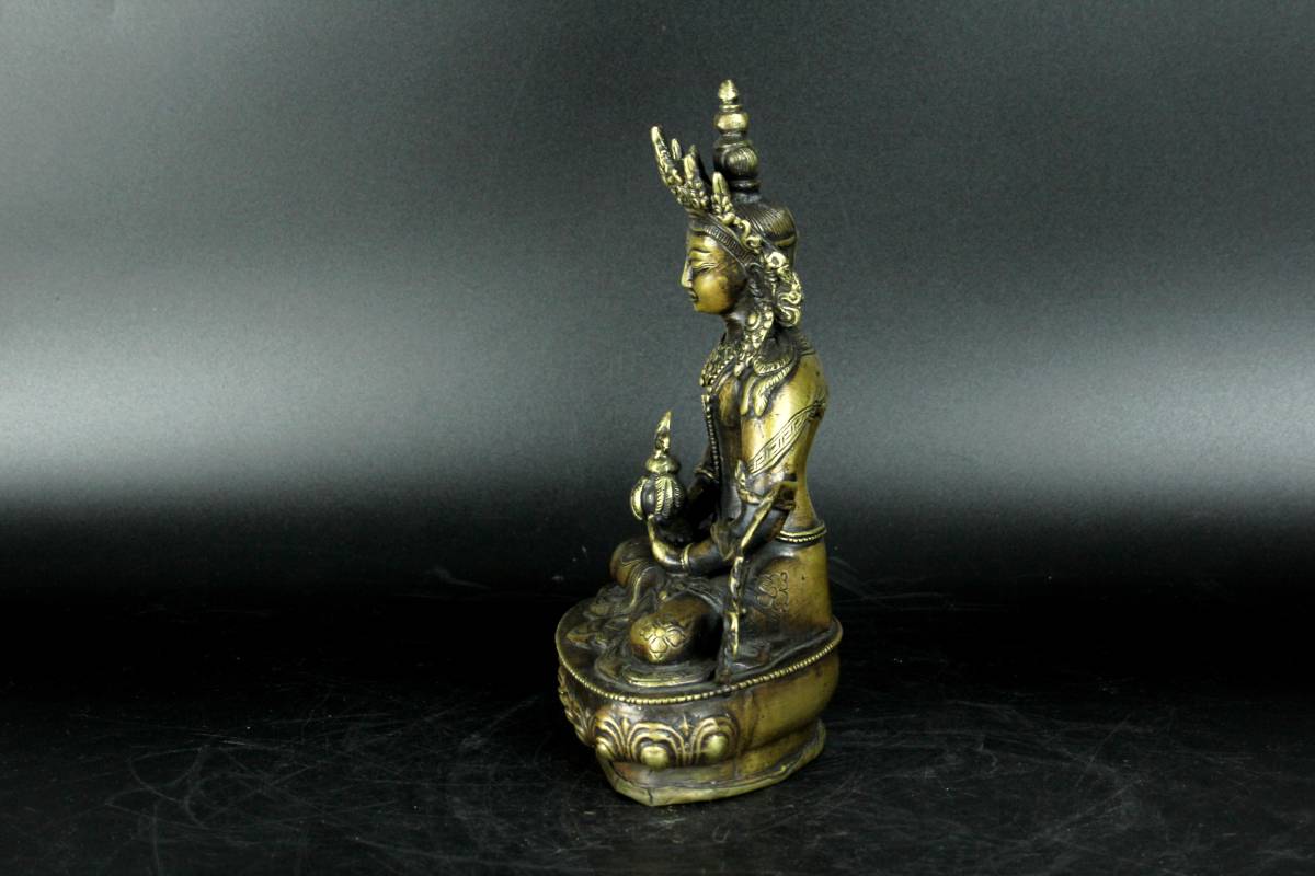 時代古玩 銅製鍍金 チベット仏 観音菩薩座像 繊細細工 中国唐物仏像 (n