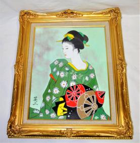 絵画、油彩SM号、荒波、山本英二、真作、肉筆、額縁付き。 AT-23 山本英二 真作 額付き油彩6F 美人画 芸子 見つめられて (人物画