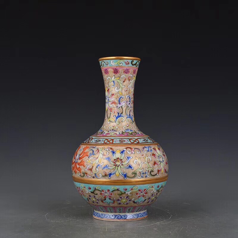 古董店旧蔵・古陶瓷器・琺琅彩連年有餘雙耳花瓶・乾隆年款』極細工・古