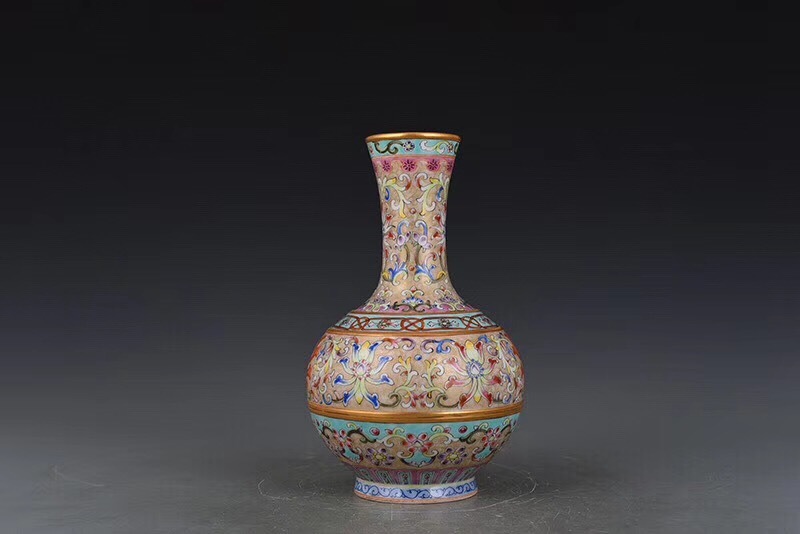 古董店旧蔵・古陶瓷器・琺琅彩連年有餘雙耳花瓶・乾隆年款』極細工・古