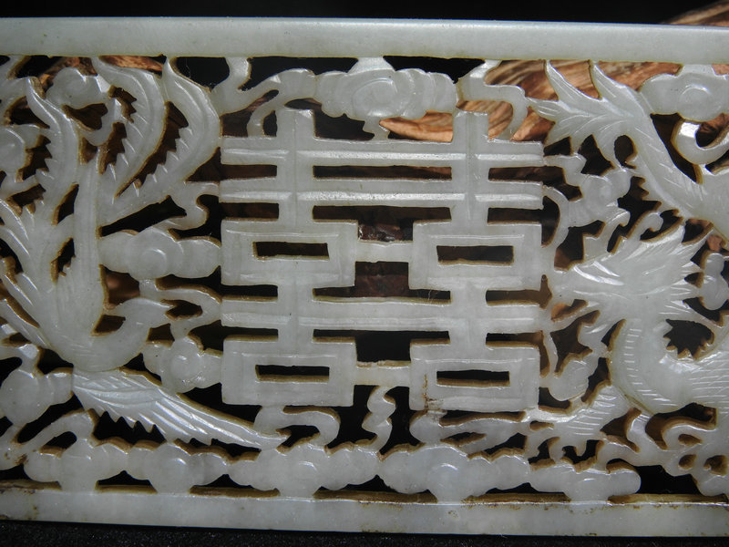 民間収集 透かし彫り 龍鳳祝 方形玉璧 玉珮 和田玉製 龍鳳 旧家