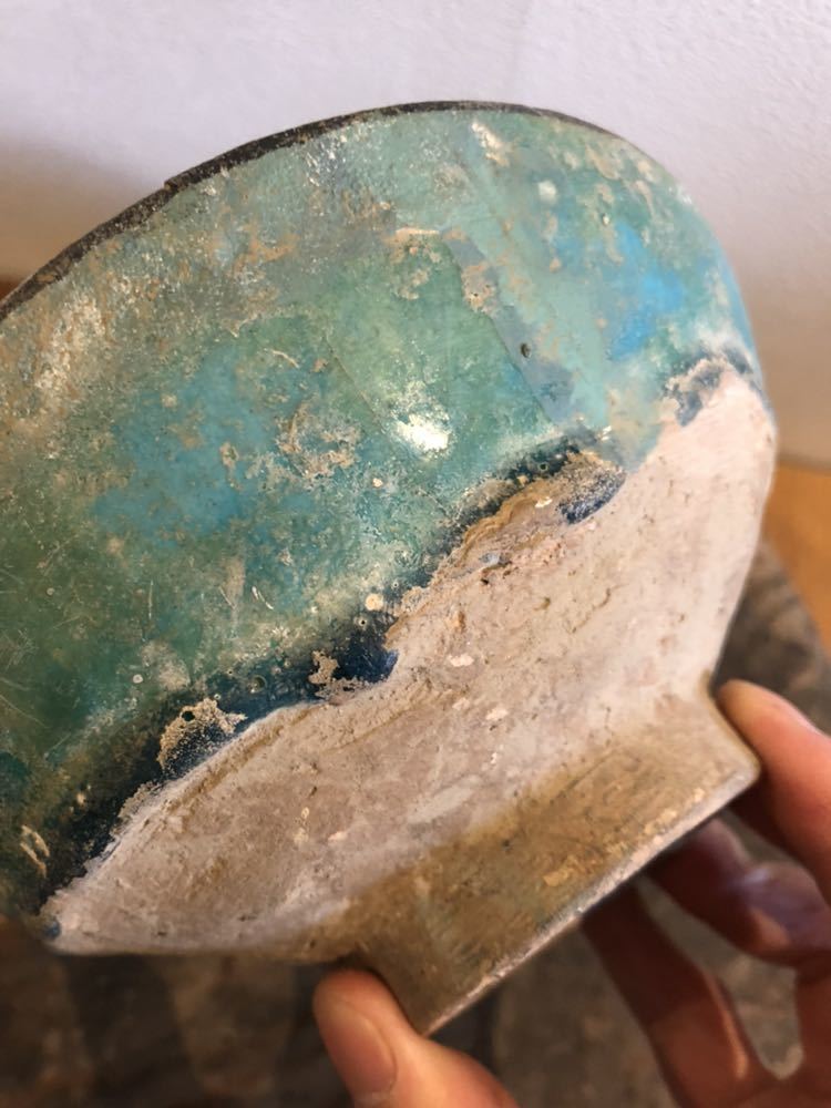 発掘品古代ペルシャ「白地藍黒彩鱗文鉢」12~13世紀 発掘