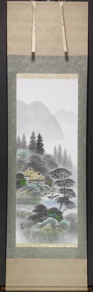 掛け軸 道具 ⑫彩色山水 小野立耕 彩色山水 - ] 彩色 小野智久牛筆 肉筆