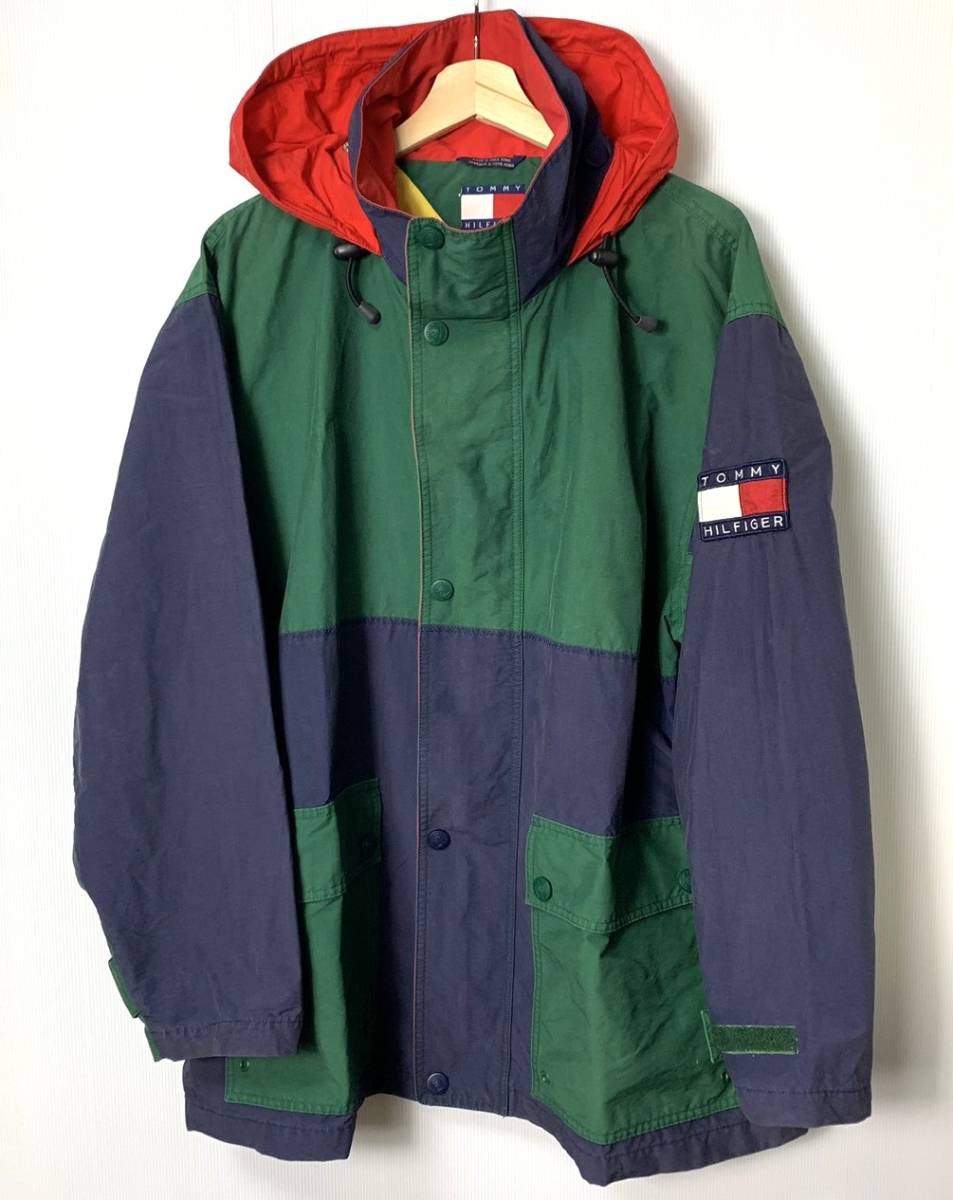 【H】希少◆90'S◆正規品◆TOMMY HILFIGER トミーヒルフィガー 袖ロゴ 切替デザイン ナイロンジャケット 紺緑赤 M