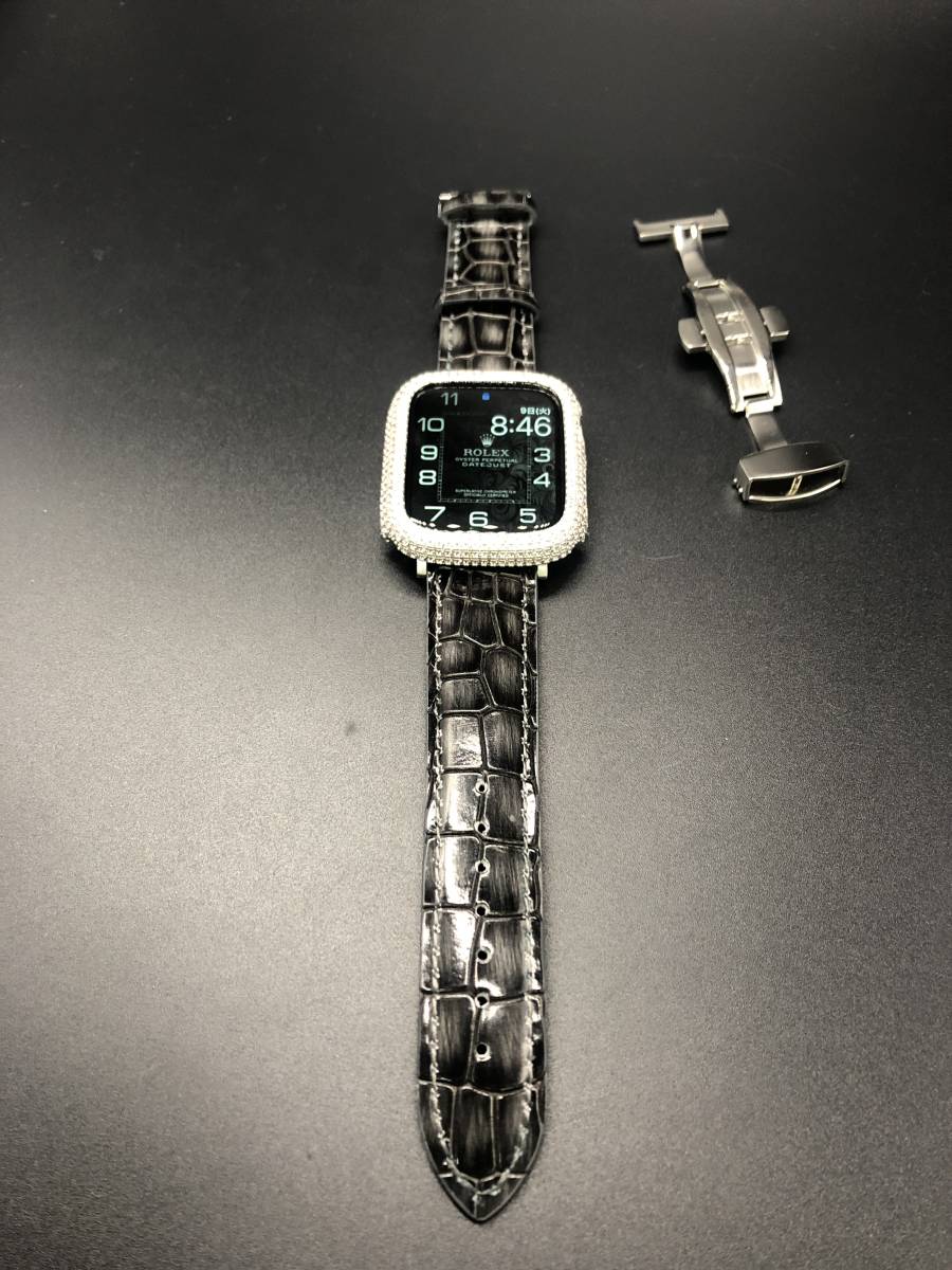 シリーズ5★グロスブラッククロコベルト&AA2CZカスタムダイヤカバーセット☆40mm44mm★アップルウォッチシリーズ4★鬼キラキラ