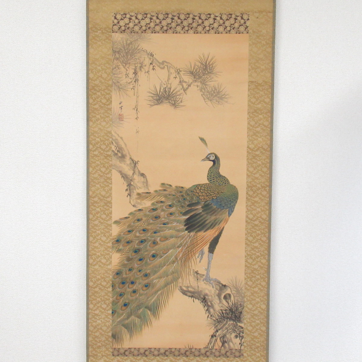 □幕末の絵師 岡本秋暉 掛軸 孔雀図 絹本肉筆/桐箱付き/鳥獣画/四大家