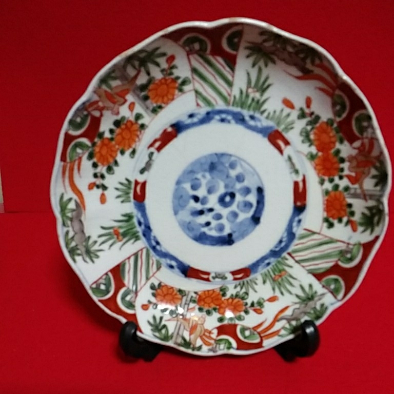 古伊万里色絵花鳥図七寸皿 古伊万里 色絵花鳥図輪花形七