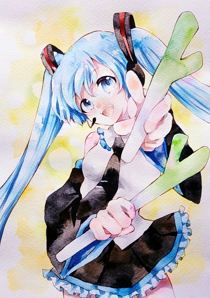 同人手描き初音ミクイラスト ミク ネギ二刀流 水彩 手描きイラスト 売買されたオークション情報 Yahooの商品情報をアーカイブ公開 オークファン Aucfan Com