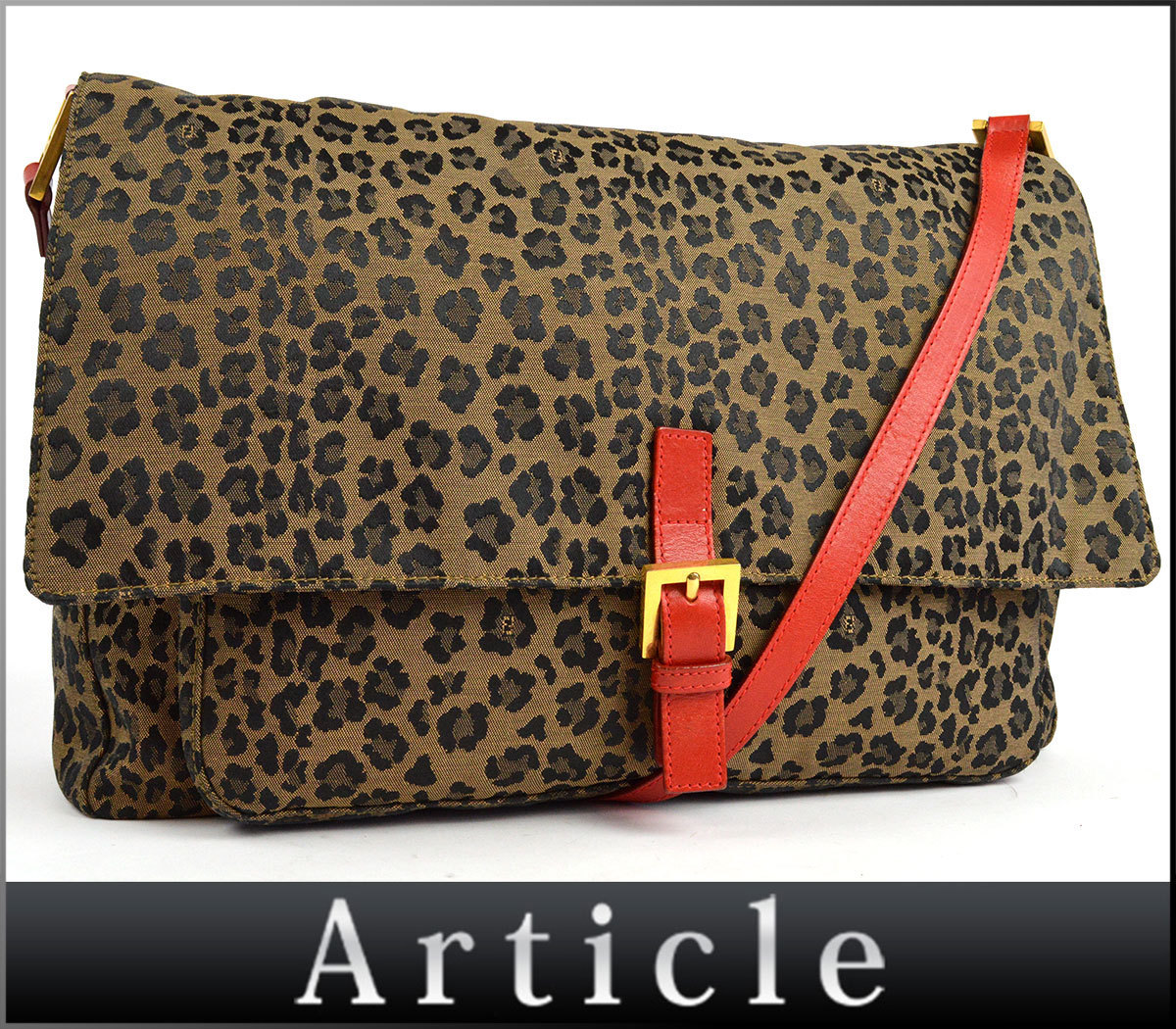 74272◆美品 FENDI フェンディ/ ショルダーバッグ 斜め掛け/ ナイロン レザー ブラウン レッド/ ヒョウ柄 レオパード レディース