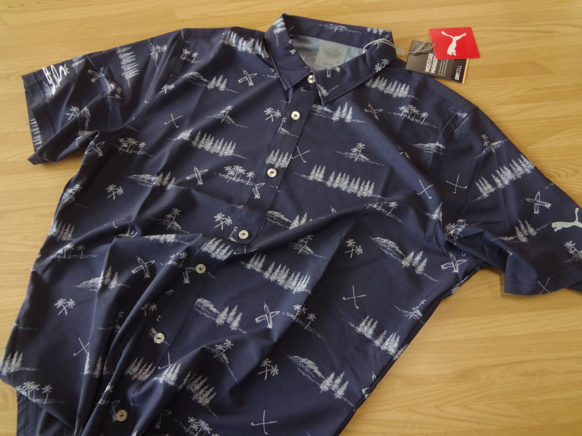 ☆☆PUMA　プーマ　Paradise Shirt　【ネイビー XXL】　コブラ刺繍入り　パラダイスシャツ　ドライセル　軽量　薄手　新品　送料185円～