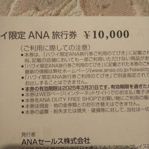 ANA旅行券 ハワイ限定 10，000円[2025年3月31日まで] 公式通販 ANA旅行 