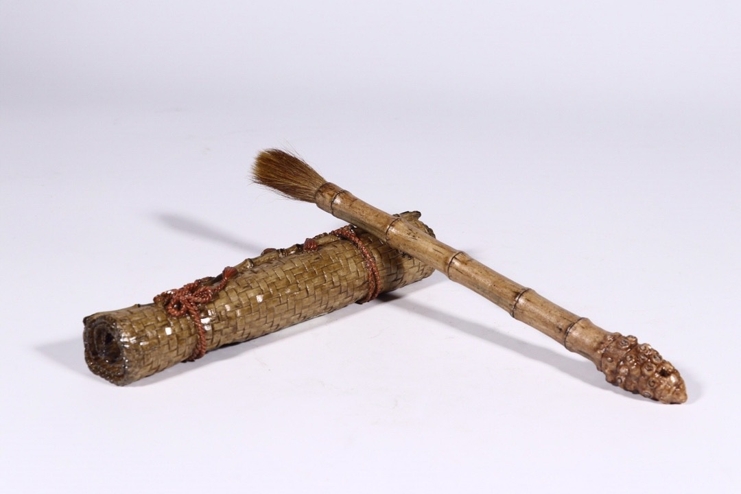 ◆厳◆【真作】★清時代・生瓷・竹節紋筆架・筆★極細工 置物 擺件 古賞物　中国古美術　