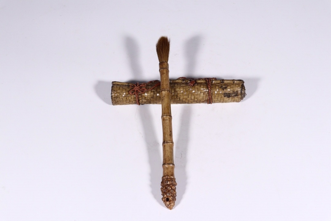 ◆厳◆【真作】★清時代・生瓷・竹節紋筆架・筆★極細工 置物 擺件 古賞物　中国古美術　