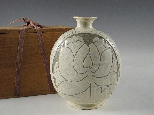  ◆栄◆時代 李朝 掻落 花文 花入 18cm 古陶器 31y338