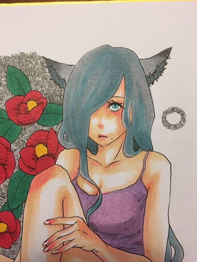 手書きオリジナルイラスト 色紙 灰猫と椿(手描きイラスト)｜売買された